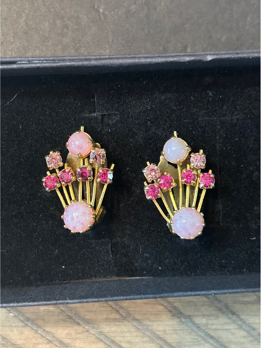 Vintage Pink Rhinestone Clip-On Earrings Gold Tone Chandelier Fan Style